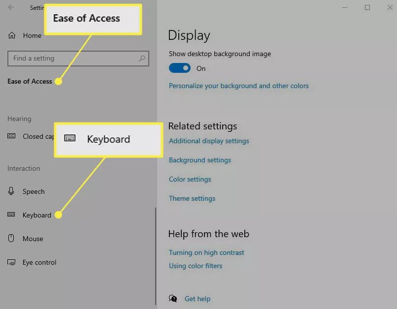 The Ease of Access menu showing the Keyboard option.