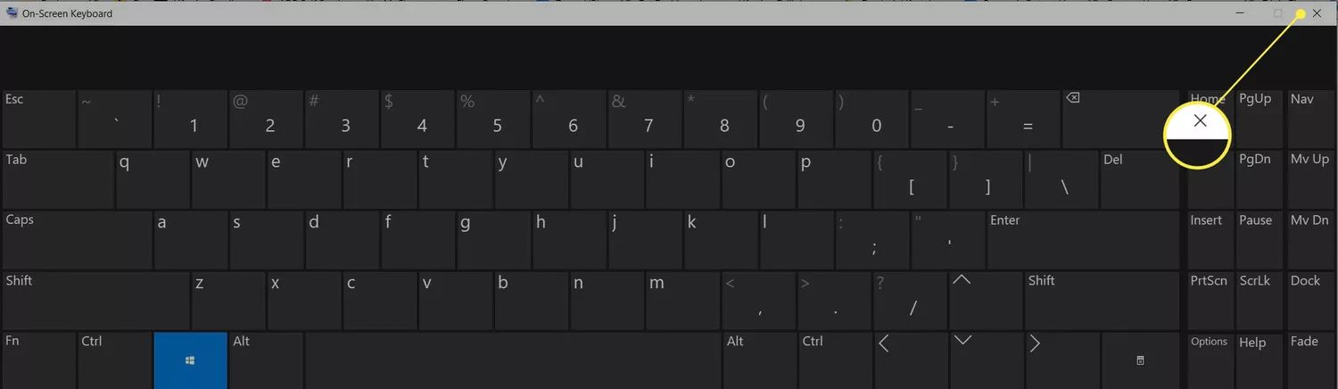 On-screen keyboard with the close (X) highlighted