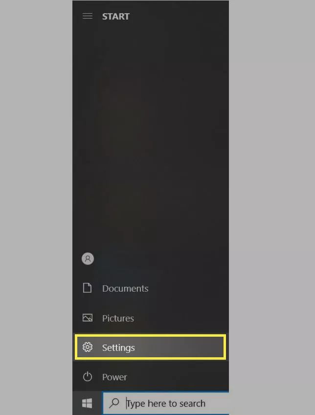 The Windows Start button showing the Settings option.