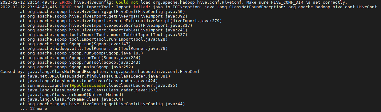 Import failed: java.io.IOException: java.lang.ClassNotFoundException: org.apache.hadoop.hive.conf.H_java