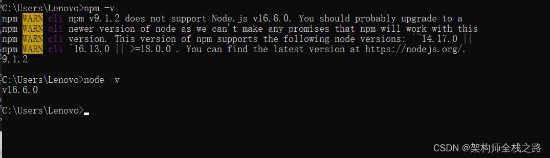 成功解决：npm 版本不支持node.js。【 npm v9.1.2 does not support Node.js v16.6.0.】_npm_03